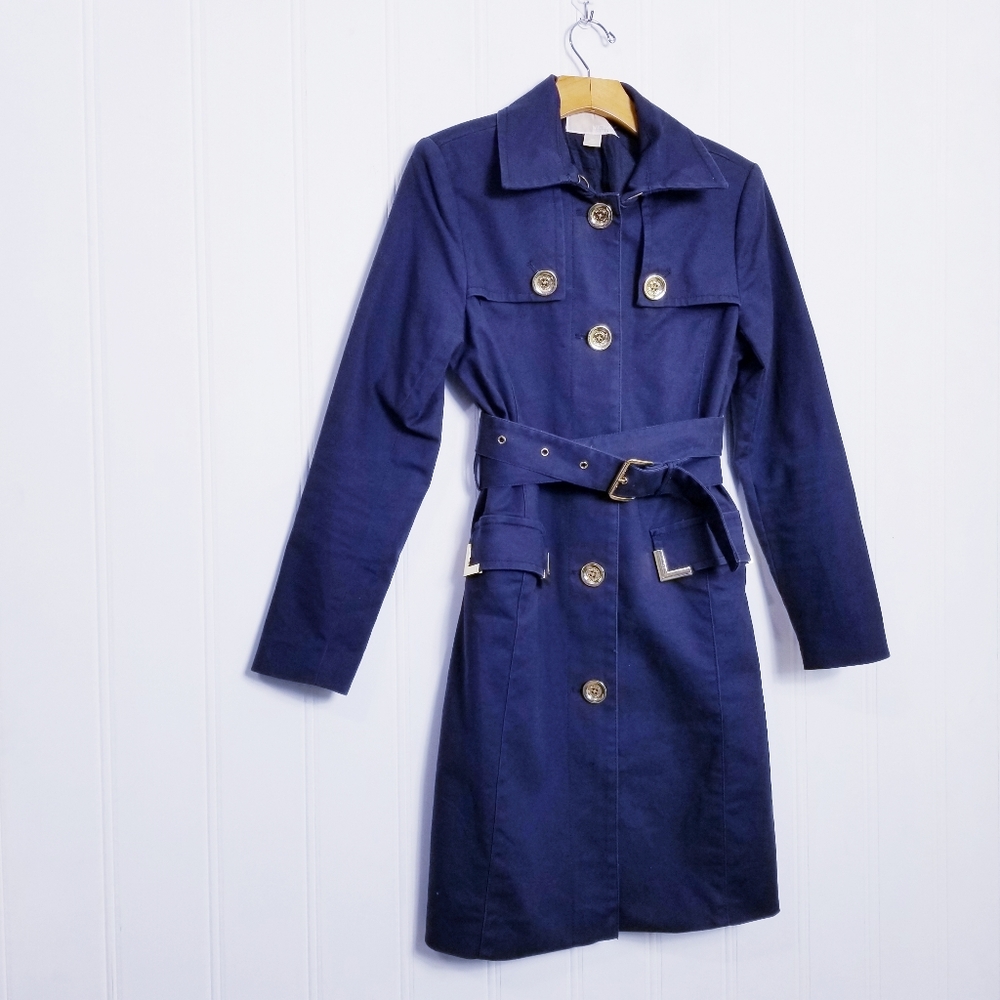 Michael Kors Trench Coat M Belted Tailored Classic Minimalist Workwear Navy Blue